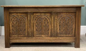 POLISHED OAK BLANKET BOX with three carved panel front, 56 (h) x 105 (w) x 49 (d) cms Provenance: