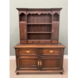 SIDEBOARD-DRESSER MARRIAGE, the rack with shaped cornice, three shelves, flanking cupboards and