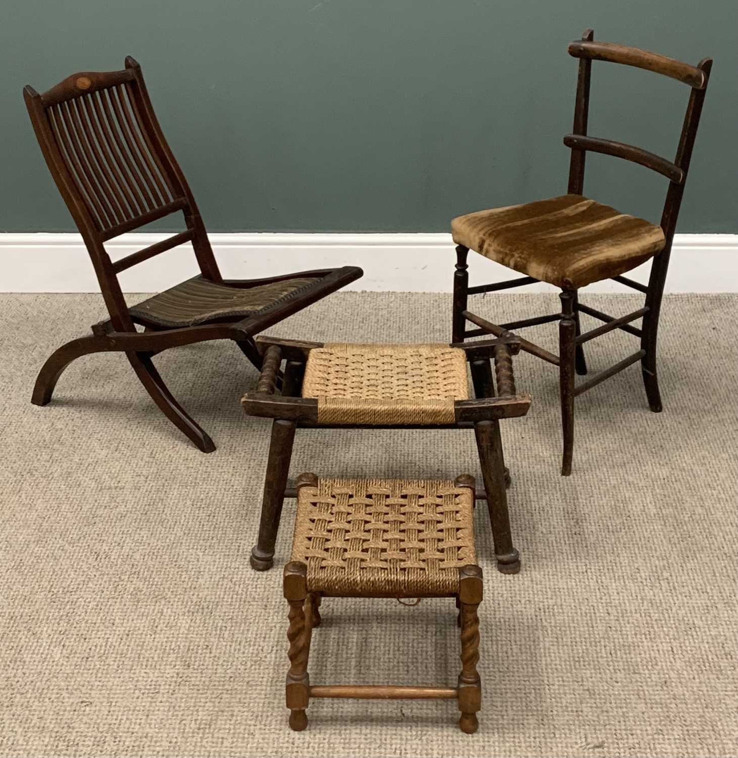 VINTAGE CHAIRS & STOOLS including two string topped stools and a folding chair Provenance: Private