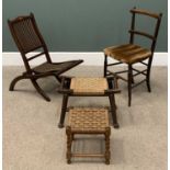 VINTAGE CHAIRS & STOOLS including two string topped stools and a folding chair Provenance: Private