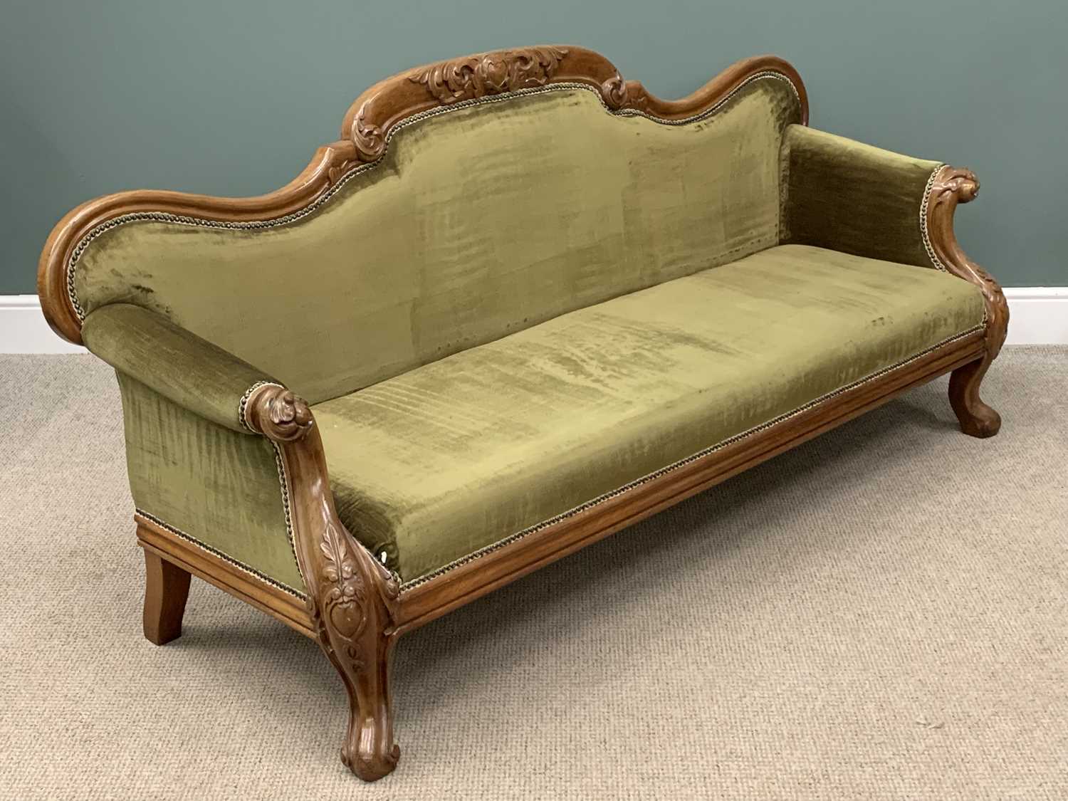 FINE ANTIQUE CARVED WALNUT SOFA with shaped back, on cabriole supports, green dralon upholstery, - Image 3 of 3