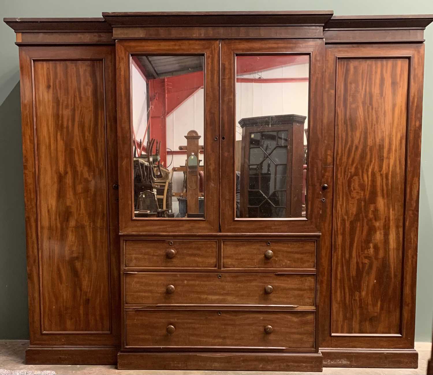 VICTORIAN MAHOGANY TRIPLE WARDROBE, breakfront middle section with twin glazed doors and interior - Image 4 of 8