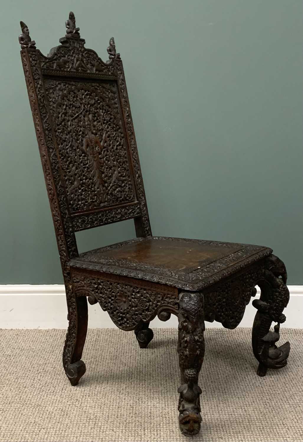 ANGLO-INDIAN ELEPHANT CHAIR profusely carved with huntsman to backrest, elephants to rail, figural - Image 6 of 6