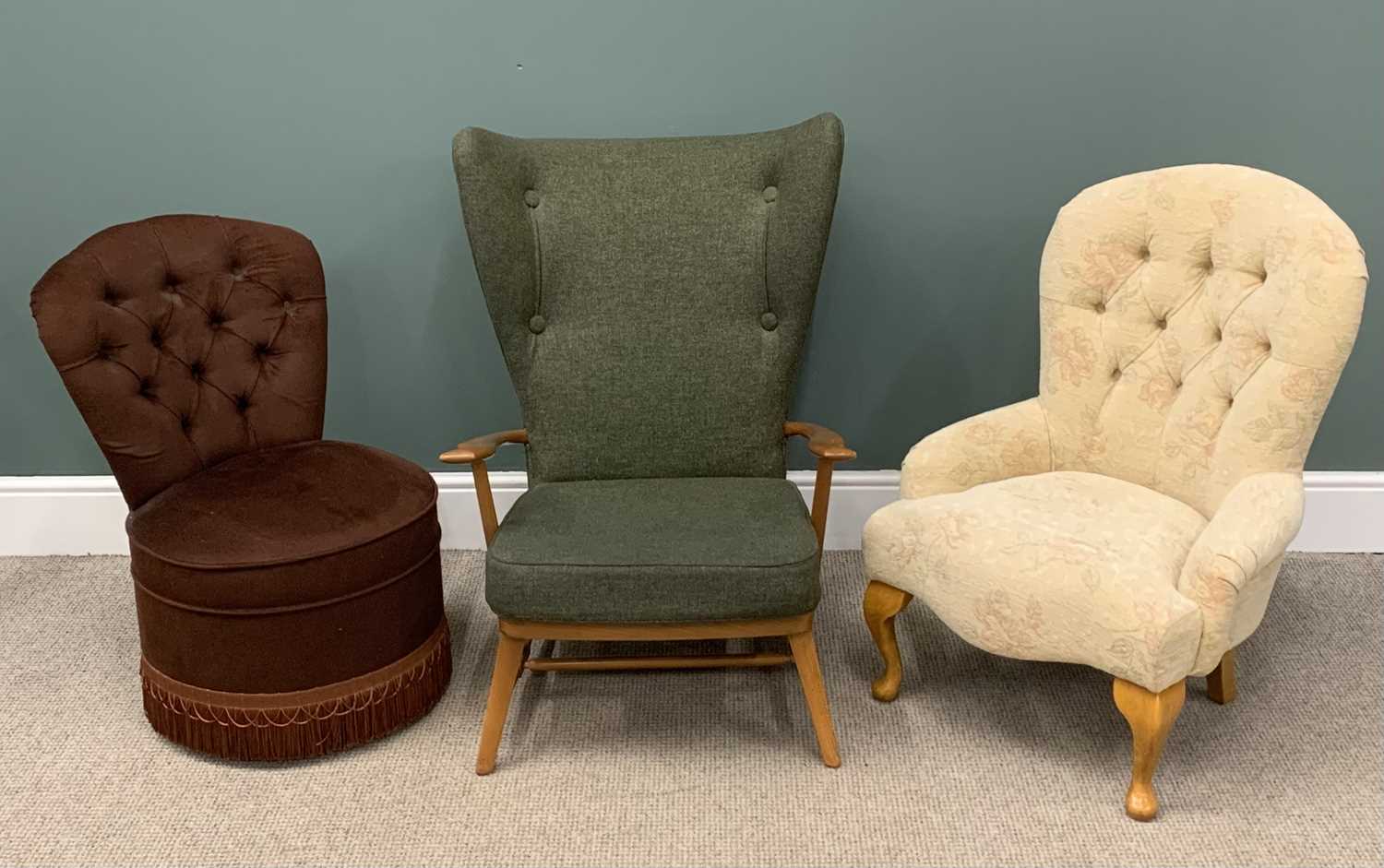 STYLISH PARKER KNOLL MID-CENTURY ARMCHAIR in green upholstery and two other button backed