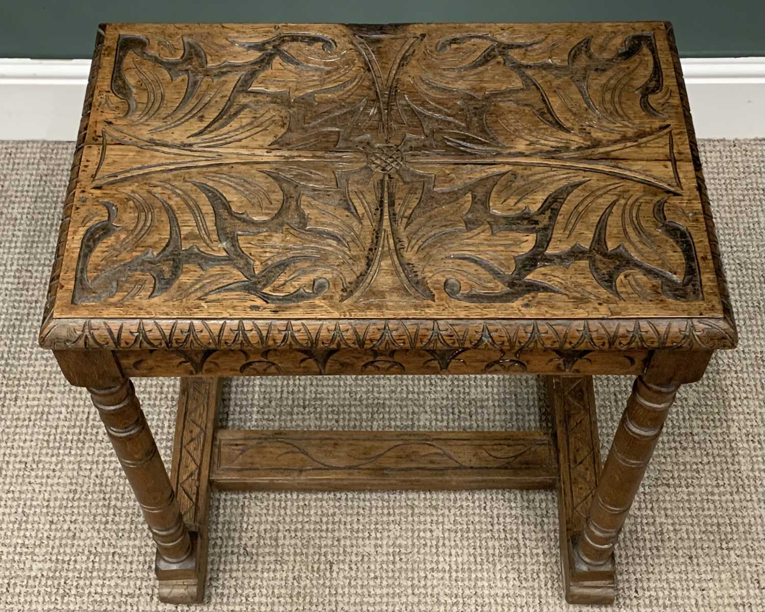 CARVED OAK SIDE TABLE with base stretcher, 65 (h) x 57 (w) x 37 (d) cms, a THREE LEGGED ELM - Image 3 of 7