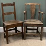 FARMHOUSE CHAIR carved "1909", 96 (h) x 48 (w) x 35 (d) cms and a similar type ELBOW CHAIR