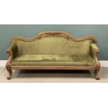 FINE ANTIQUE CARVED WALNUT SOFA with shaped back, on cabriole supports, green dralon upholstery,