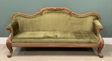 FINE ANTIQUE CARVED WALNUT SOFA with shaped back, on cabriole supports, green dralon upholstery,