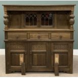 LINENFOLD & CARVED BUFFET CUPBOARD with upper leaded and glazed doors, 137 (h) x 138 (w) x 46 (d)