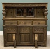 LINENFOLD & CARVED BUFFET CUPBOARD with upper leaded and glazed doors, 137 (h) x 138 (w) x 46 (d)