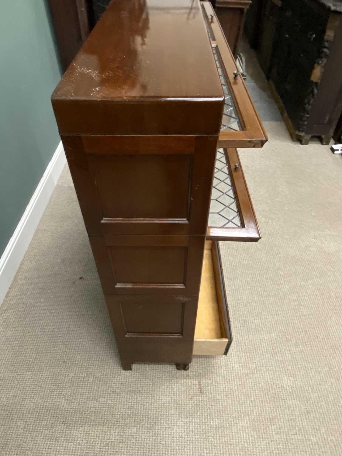 VINTAGE MAHOGANY LIBRARY BOOKCASE having three leaded glass letterbox doors over two drawers - Image 6 of 11