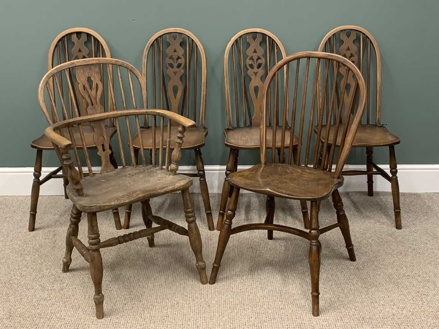 WINDSOR CHAIRS (6), a set of four, an oak comb-back and a hoop back with crinoline stretcher