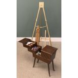 ARTIST'S EASELS (3) & A CANTILEVER HABERDASHERY BOX & CONTENTS Provenance: Private collection Conwy