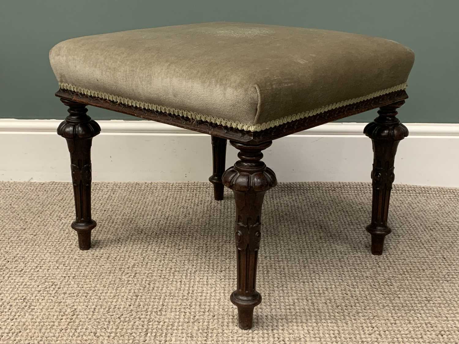 THREE VINTAGE UPHOLSTERED FOOT & OTHER STOOLS / INLAID MAHOGANY BEDROOM CHAIR Provenance: Private - Image 3 of 5