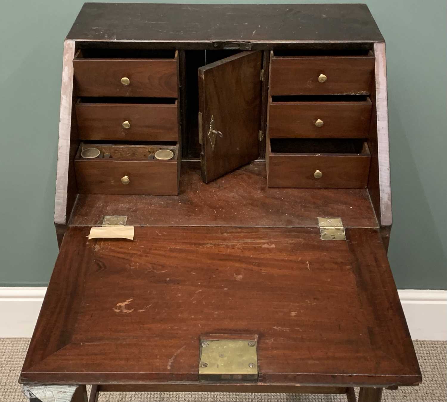 GEORGE III TYPE MAHOGANY CAMPAIGN BUREAU ON STAND with brass handles and furniture, 98 (h) x 61 ( - Image 2 of 6