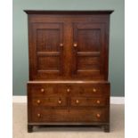 19th CENTURY WELSH OAK PRESS CUPBOARD having two opening doors with fielded panels over a base of