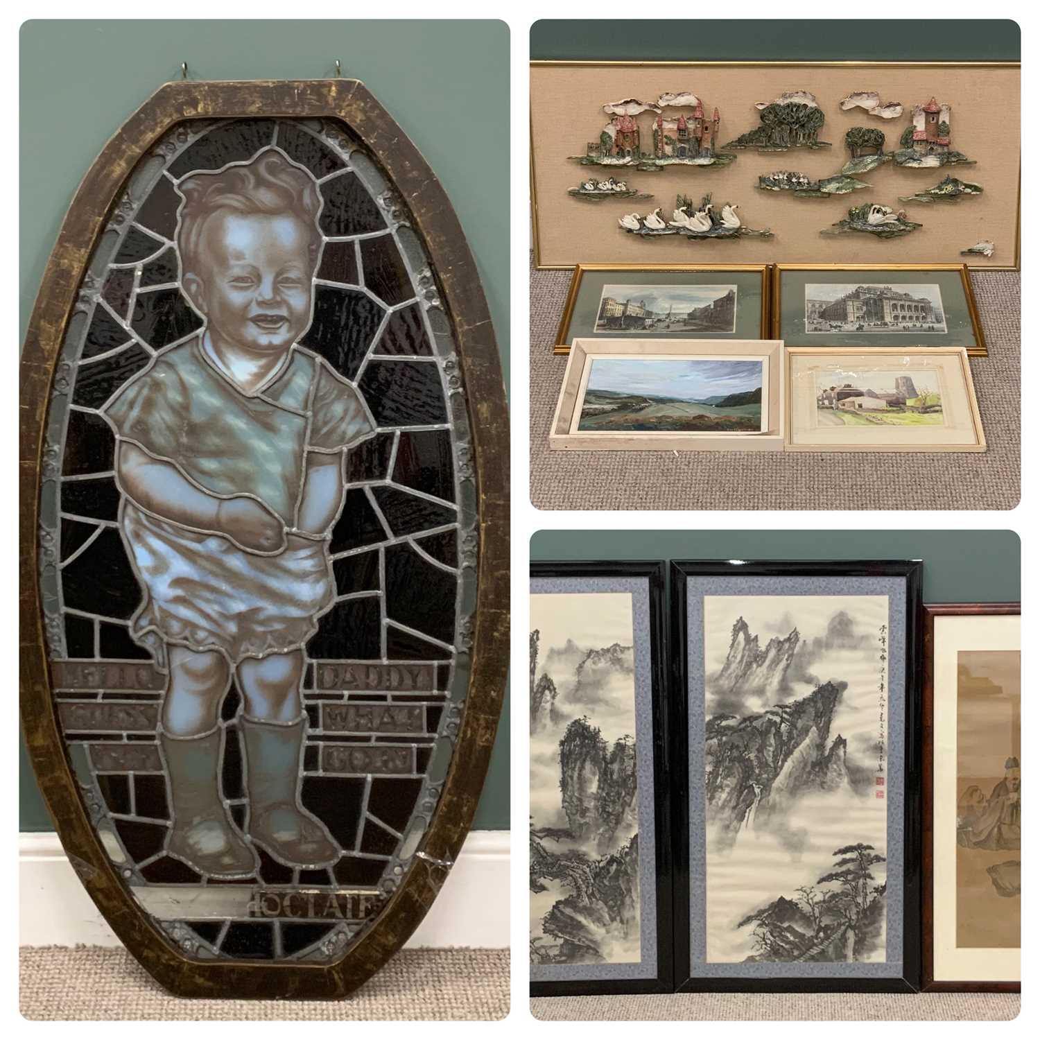 PICTURE ASSORTMENT to include Japanese prints, large leaded glass panel of a small boy "Hello Daddy,