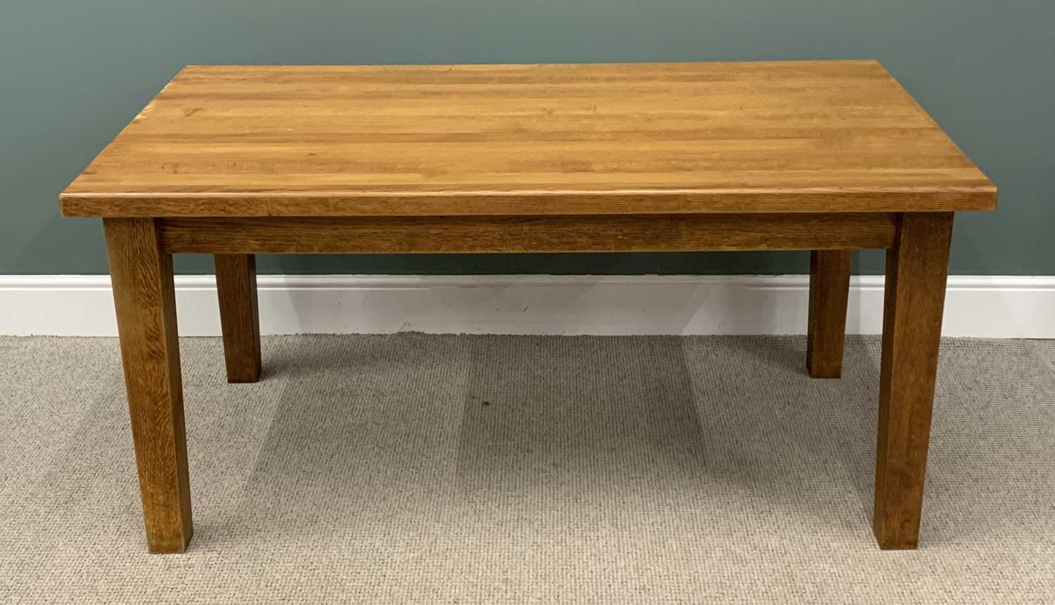 SUBSTANTIAL MODERN OAK DINING TABLE 76 (h) x 160 (w) x 91 (d) cms with a set of three spindleback - Image 2 of 6