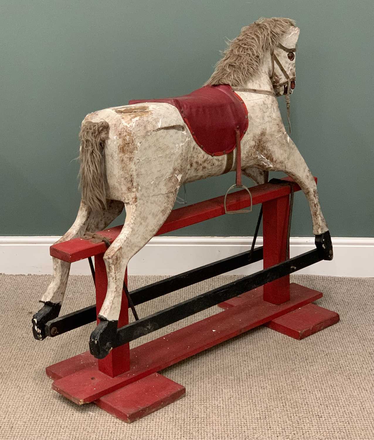 VINTAGE ROCKING HORSE painted white with a red base and saddle, 106 (h) x 116 (w) x 40 (d) cms - Image 3 of 3
