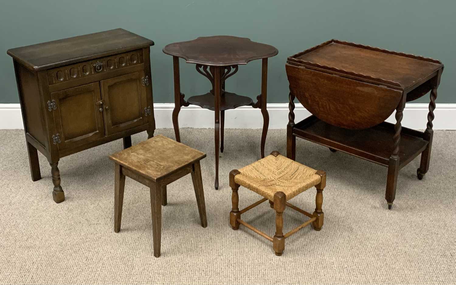 FURNITURE ASSORTMENT to include a hutch cupboard, drop leaf tea trolley, side tables (2) and a