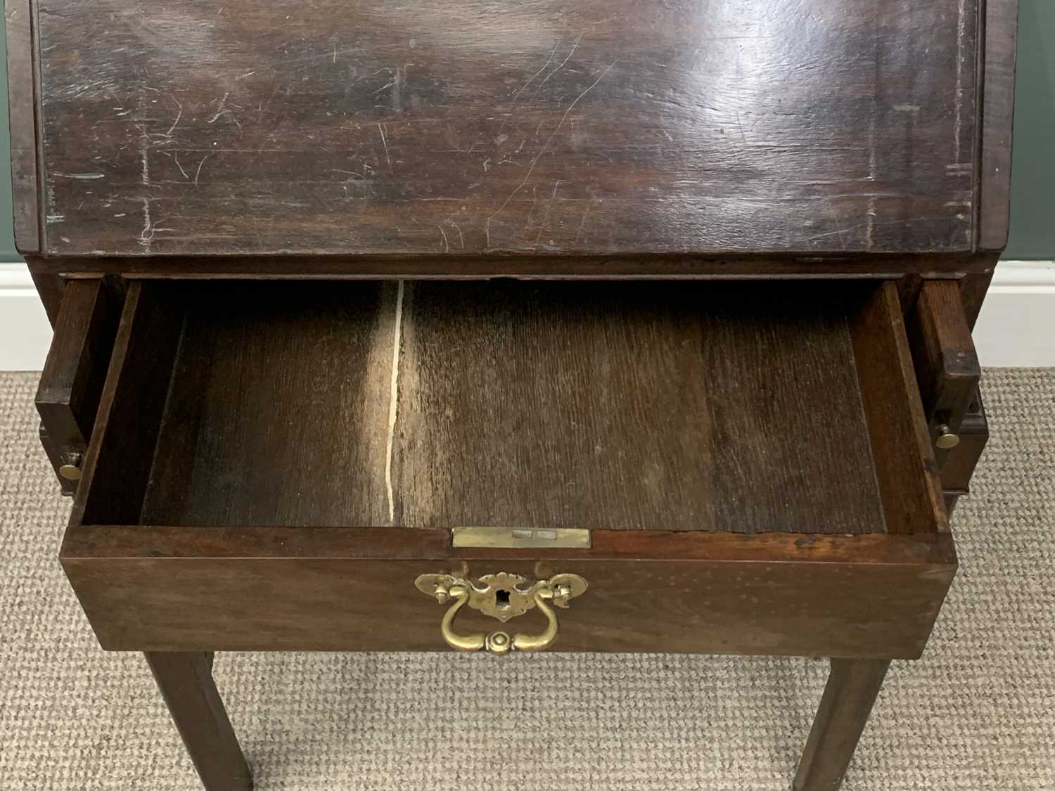 GEORGE III TYPE MAHOGANY CAMPAIGN BUREAU ON STAND with brass handles and furniture, 98 (h) x 61 ( - Image 4 of 6
