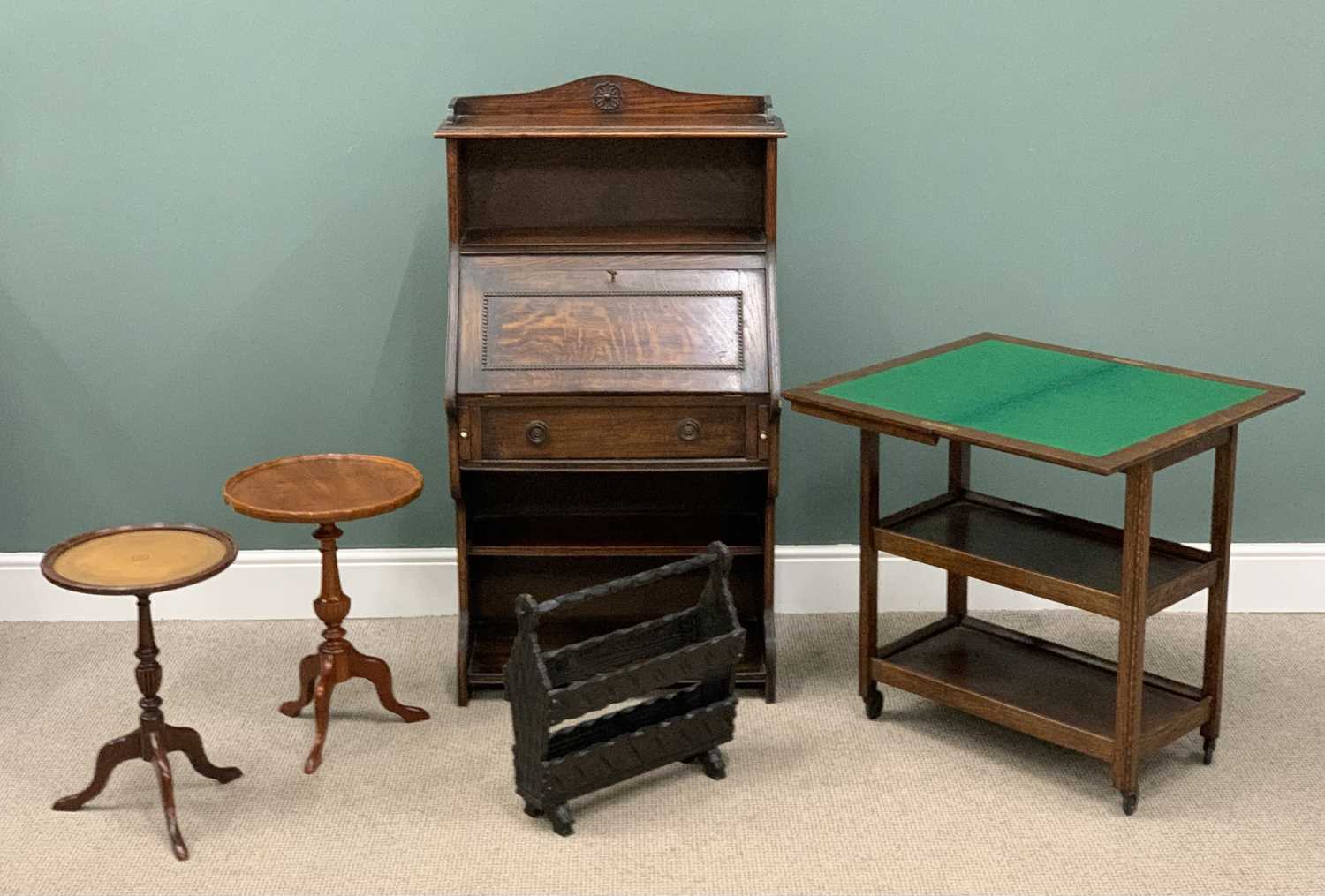 FURNITURE ASSORTMENT to include a slim bureau, baize topped trolley, wine tables (2) and a