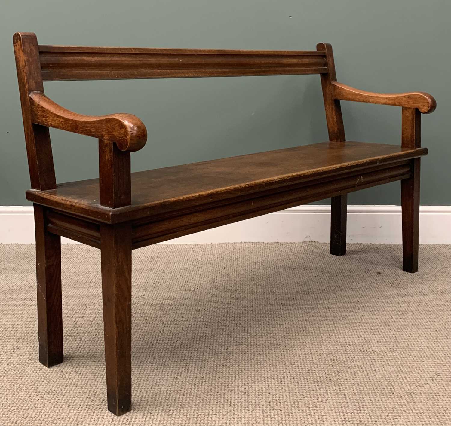 ANTIQUE OAK BENCH with scrolled arms and single rail back, 87 (h) x 141 (w) x 51 (d) cms Provenance: - Image 3 of 3