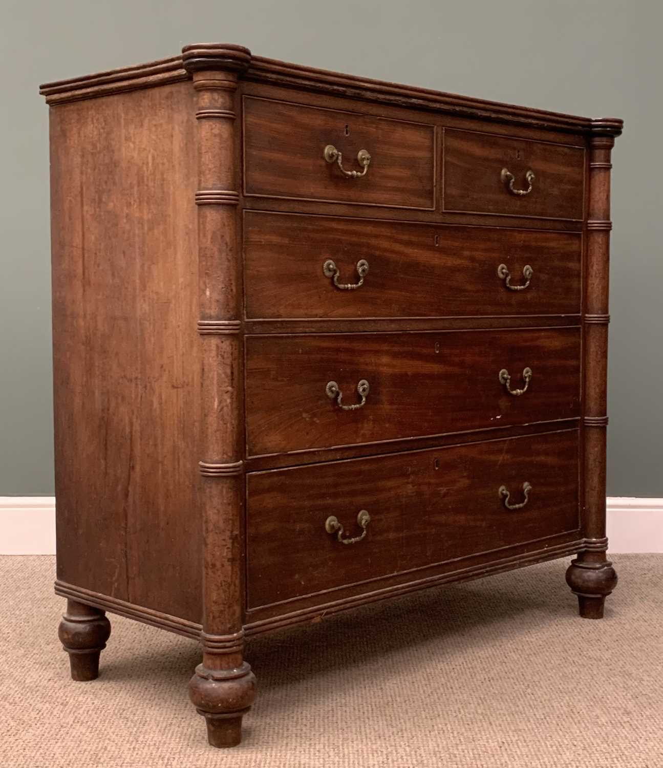 GEORGIAN MAHOGANY CHEST of two over three drawers with brass drop handles, pillar sides and bun - Image 2 of 6
