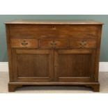 ANTIQUE OAK MULE CHEST with lift-up lid over three drawers and two cupboard doors, on bracket