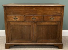 ANTIQUE OAK MULE CHEST with lift-up lid over three drawers and two cupboard doors, on bracket