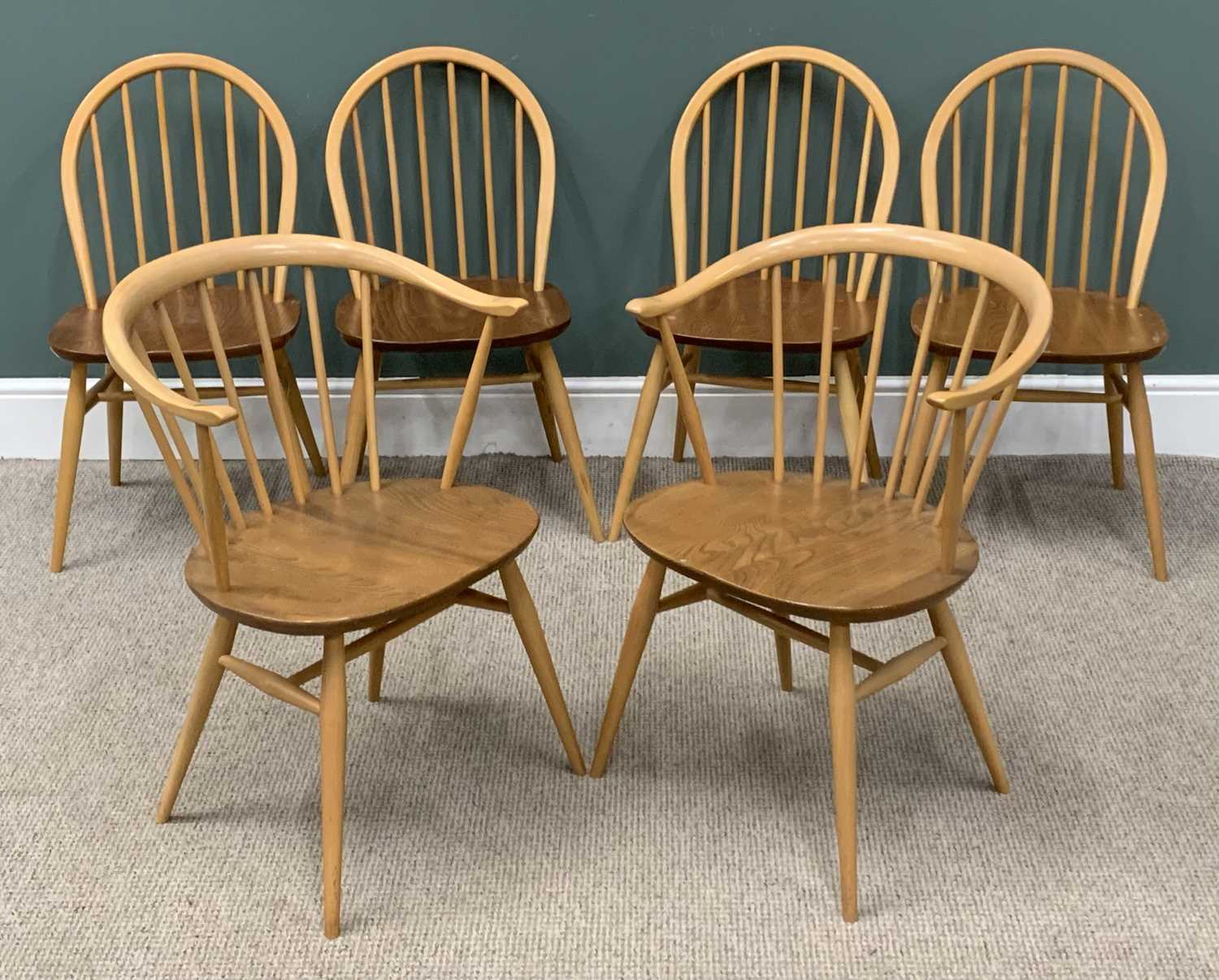 LIGHT ERCOL DINING CHAIRS, four with hoop and spindle back and a pair of tub shaped spindle back