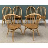 LIGHT ERCOL DINING CHAIRS, four with hoop and spindle back and a pair of tub shaped spindle back