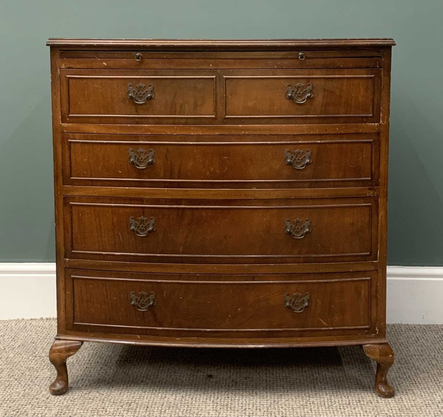 REPRODUCTION MAHOGANY BOW FRONT FOUR DRAWER CHEST, with brush slider, 83 (h) x 77 (w) x 45 (d) cms