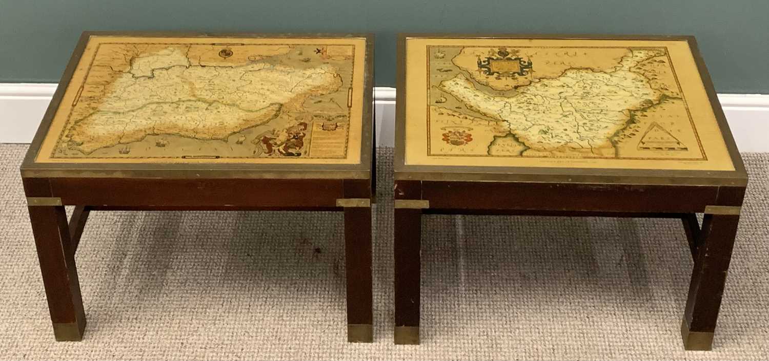TWO REPRODUCTION COFFEE TABLES with Saxton map tops, 44 (h) x 63 (w) x 48 (d) cms Provenance:
