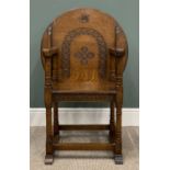 EARLY 20th CENTURY OAK MONK'S BENCH/CHAIR with circular carved top, 74 (h) x 69 (diam) cms