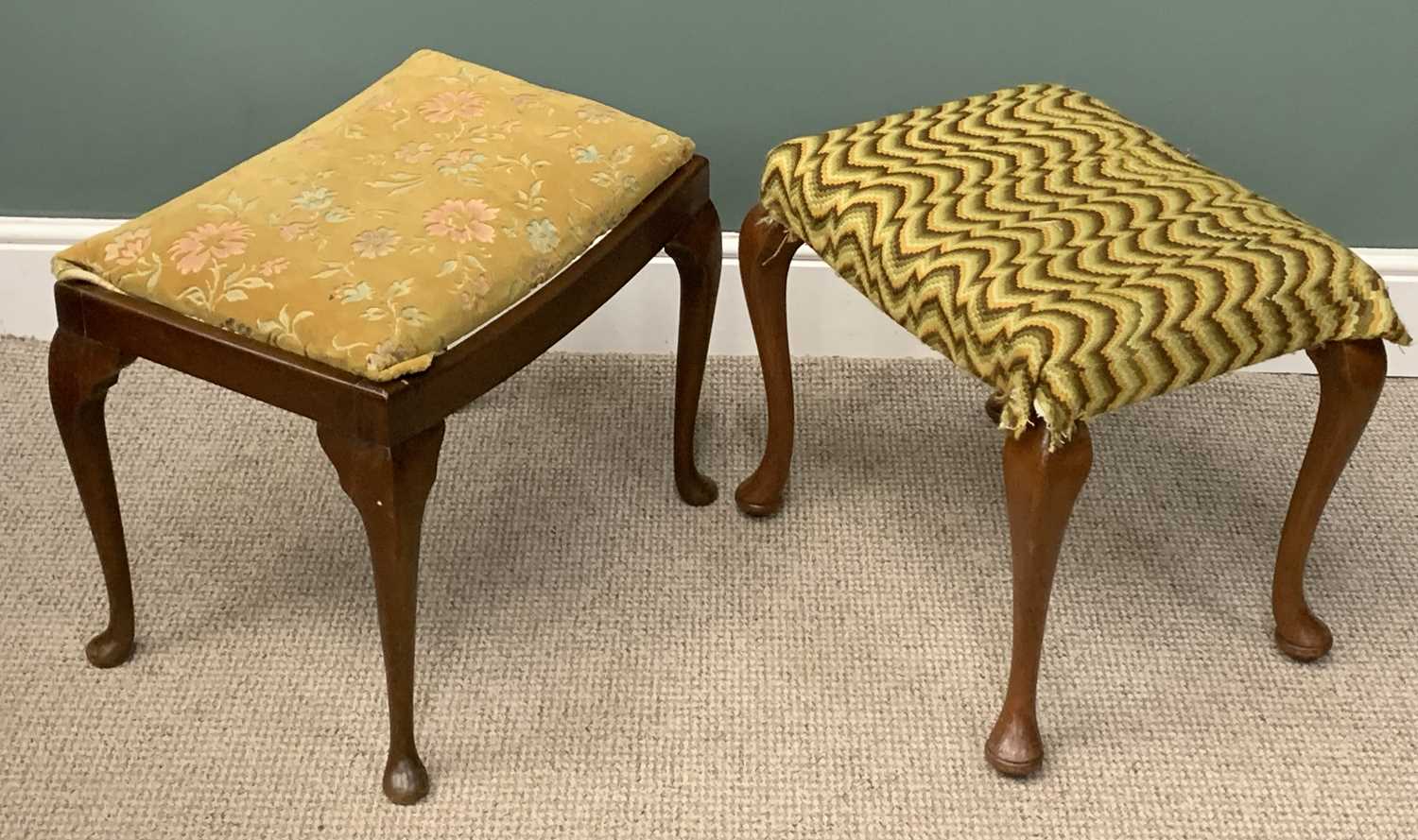 THREE VINTAGE UPHOLSTERED FOOT & OTHER STOOLS / INLAID MAHOGANY BEDROOM CHAIR Provenance: Private - Image 4 of 5