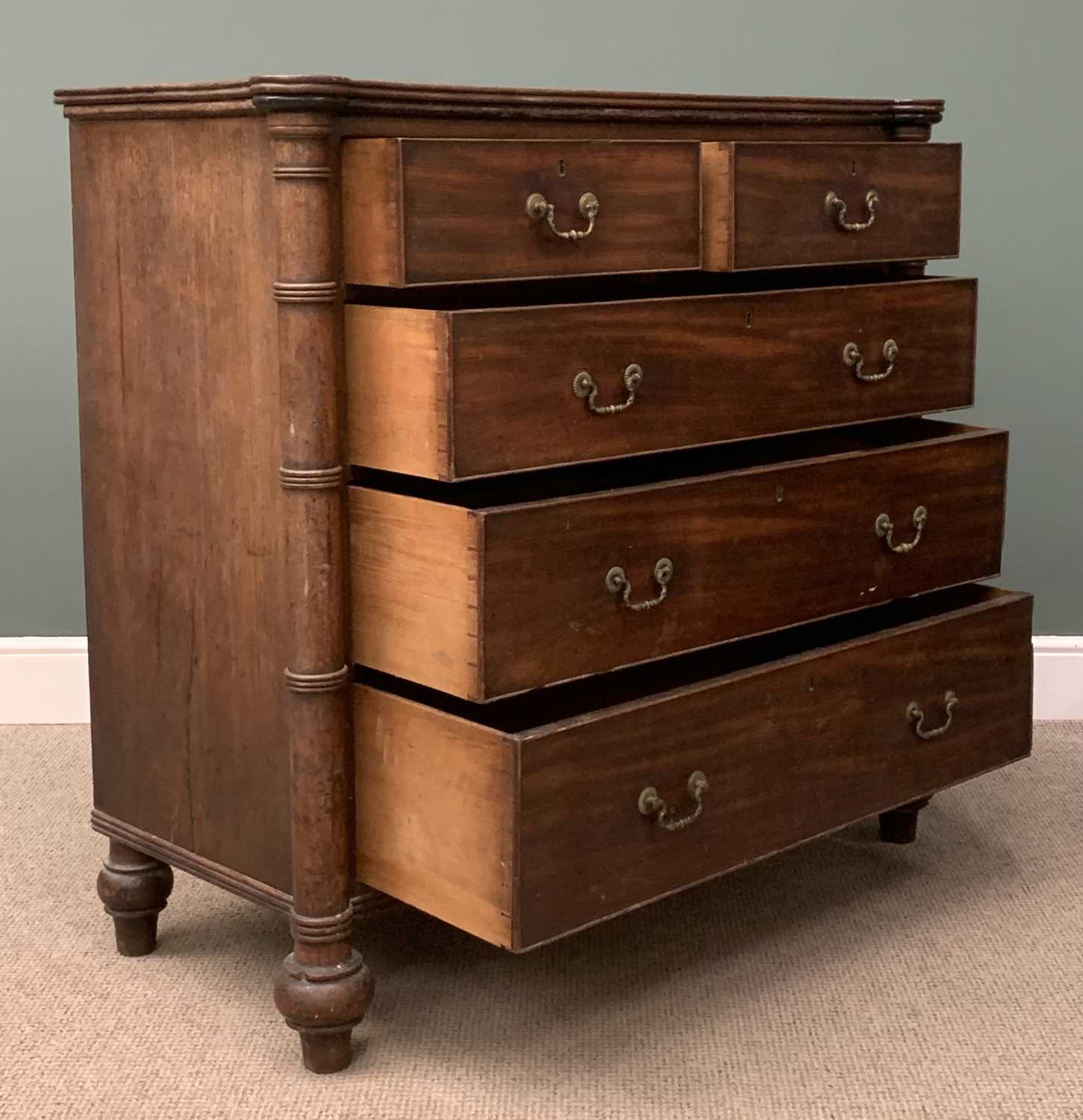 GEORGIAN MAHOGANY CHEST of two over three drawers with brass drop handles, pillar sides and bun - Image 4 of 6