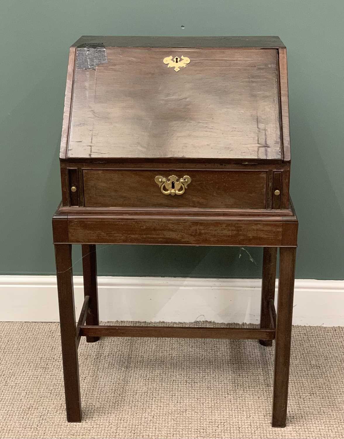 GEORGE III TYPE MAHOGANY CAMPAIGN BUREAU ON STAND with brass handles and furniture, 98 (h) x 61 (