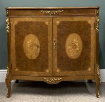 REPRODUCTION EMPIRE STYLE BURR WALNUT TWO DOOR CUPBOARD with serpentine front, on cabriole supports,