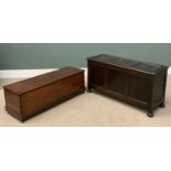 STAINED PINE BLANKET BOX, 42 (h) x 123 (w) x 42 (d) cms and another polished oak blanket box, 61 (h)