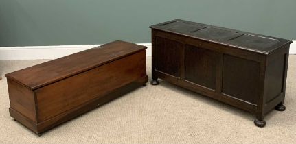 STAINED PINE BLANKET BOX, 42 (h) x 123 (w) x 42 (d) cms and another polished oak blanket box, 61 (h)