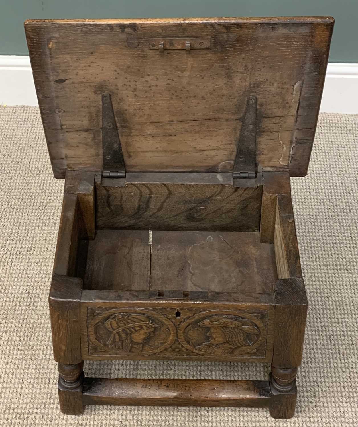 RUSTIC (DUTCH) CARVED OAK STOOL with lift-up lid, 45 (h) x 48 (w) x 34 (d) cms and a circular topped - Image 4 of 6