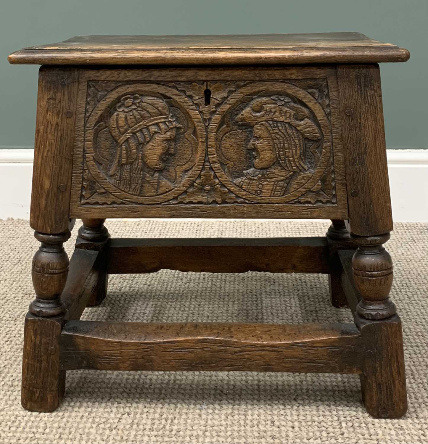 RUSTIC (DUTCH) CARVED OAK STOOL with lift-up lid, 45 (h) x 48 (w) x 34 (d) cms and a circular topped - Image 2 of 6