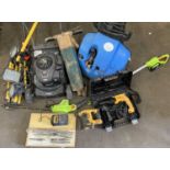 TOOLS to include Dewalt cased drill, tripods and floodlights, Garden Gear telescopic hedge