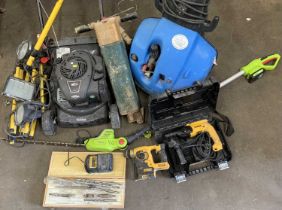 TOOLS to include Dewalt cased drill, tripods and floodlights, Garden Gear telescopic hedge