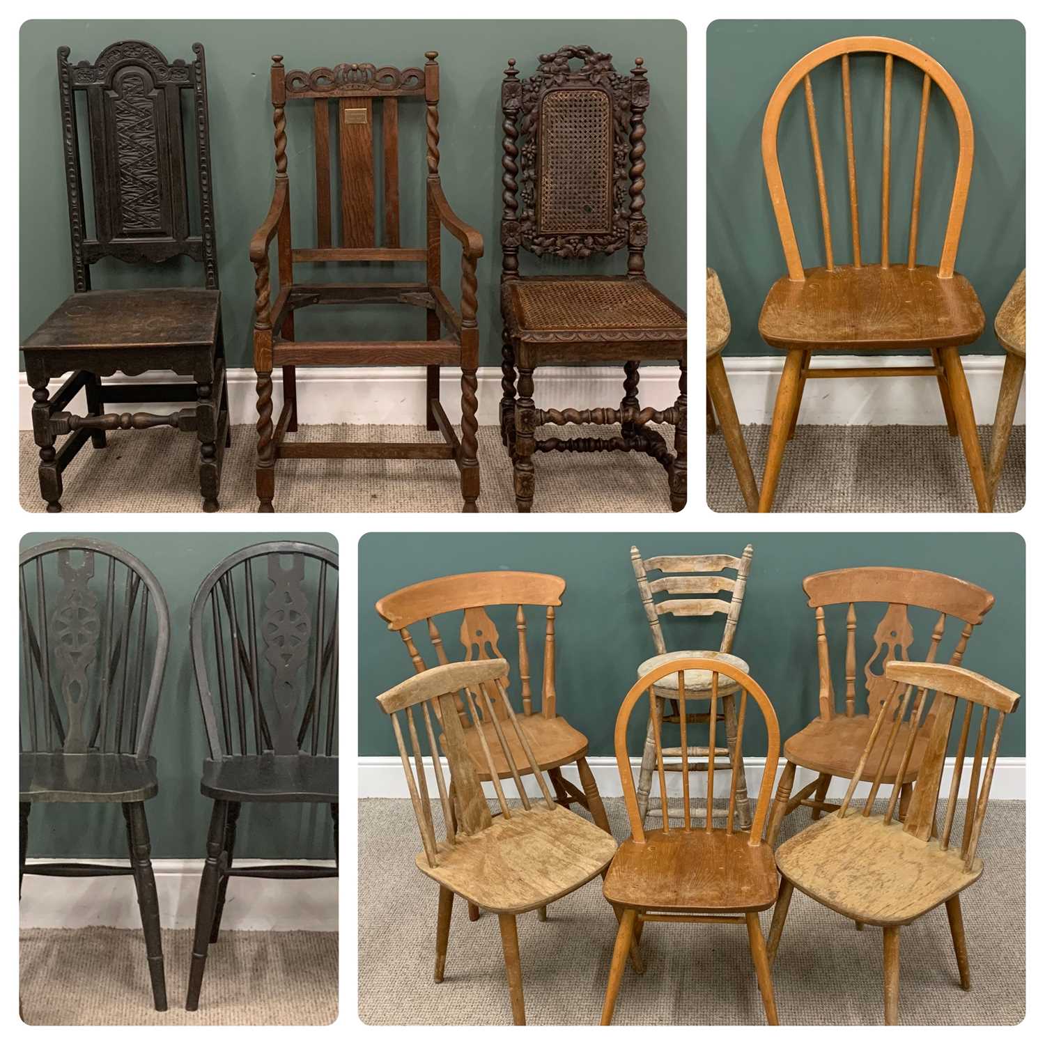 VARIOUS CHAIRS to include Windsor, wheelback, farmhouse and a carved Eisteddfod chair (13)
