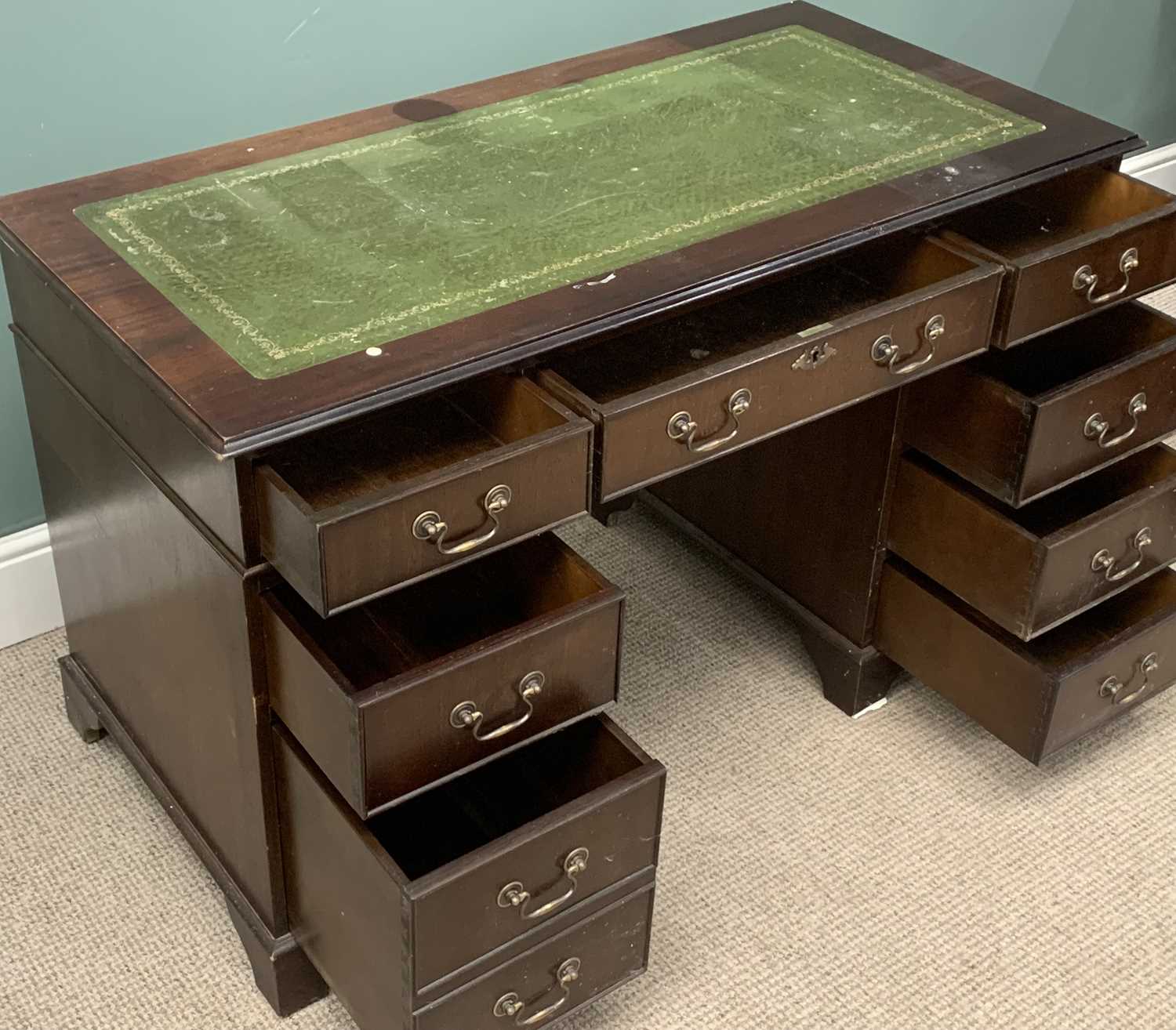 REPRODUCTION DESK with tooled green leather effect top and twin pedestals, 76 (h) x 122 (w) x 61 (d) - Image 4 of 4