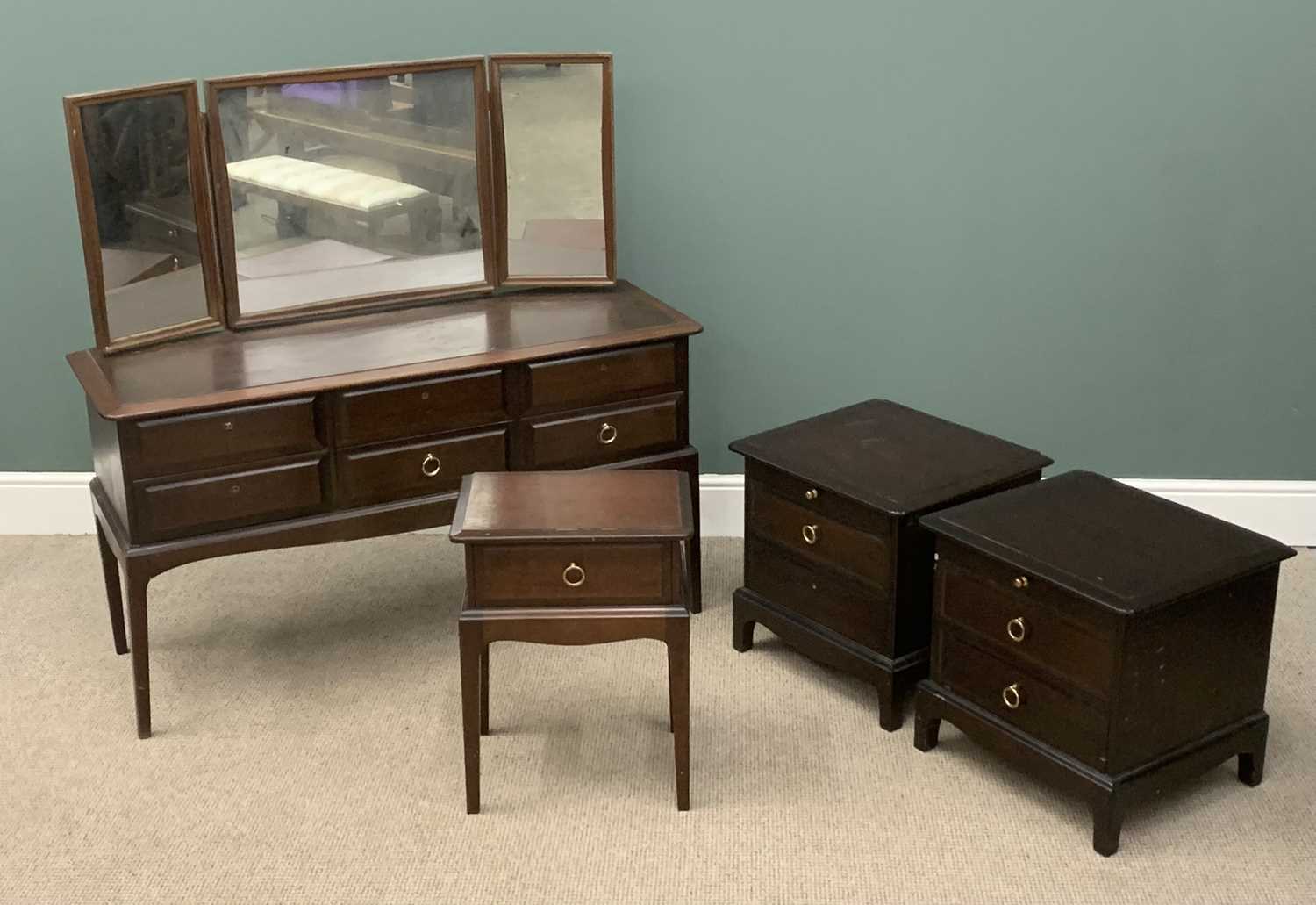 STAG MINSTREL BEDROOM FURNITURE comprising dressing table, 128 (h) x 131 (w) x 46 (d) cms, two small