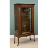 EDWARDIAN DISPLAY CABINET with single opening door, garland and other inlay, on tapered shaped