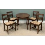 EDWARDIAN MAHOGANY OVAL TEA TABLE on turned supports, 73 (h) x 108 (w) x 78 (d) cms and FOUR SABRE